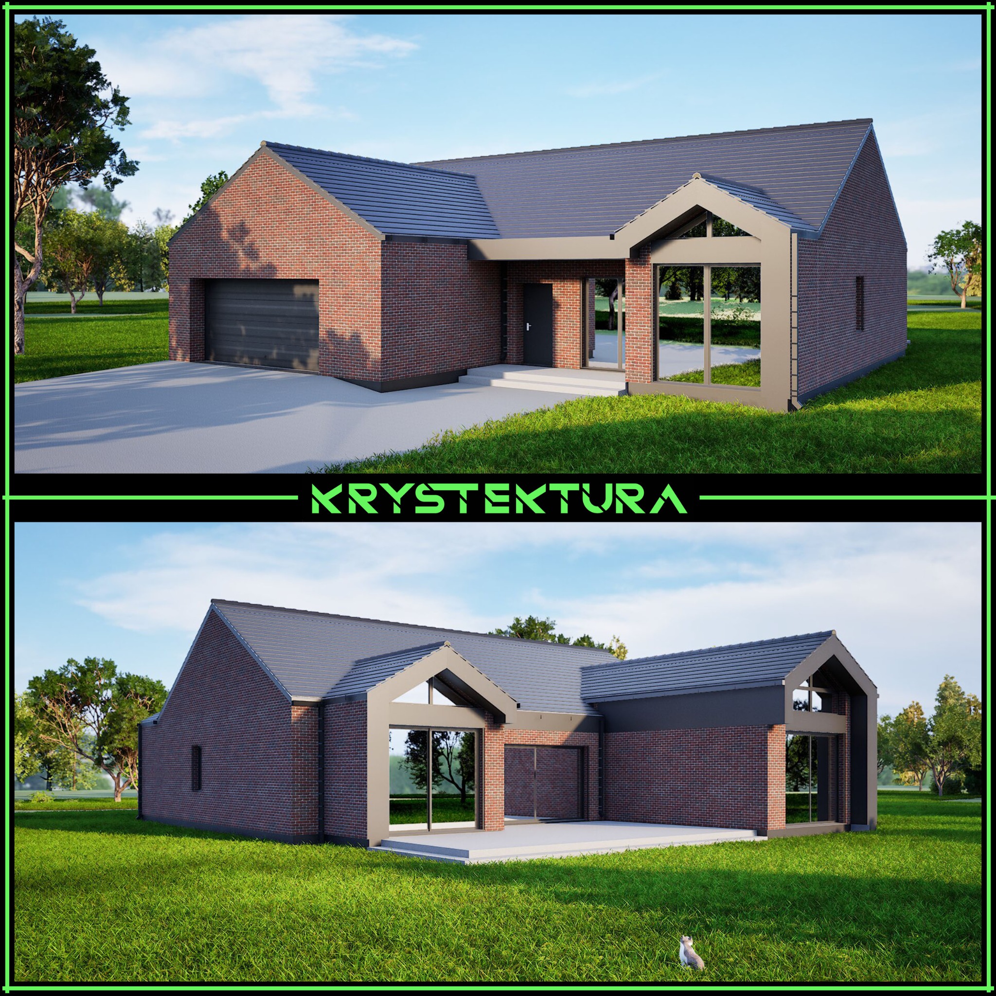 Wizualizacja domu z ceglaną elewacją i dużymi przeszkleniami, otoczonego zielenią. Widoczne dwa ujęcia budynku z różnych perspektyw.