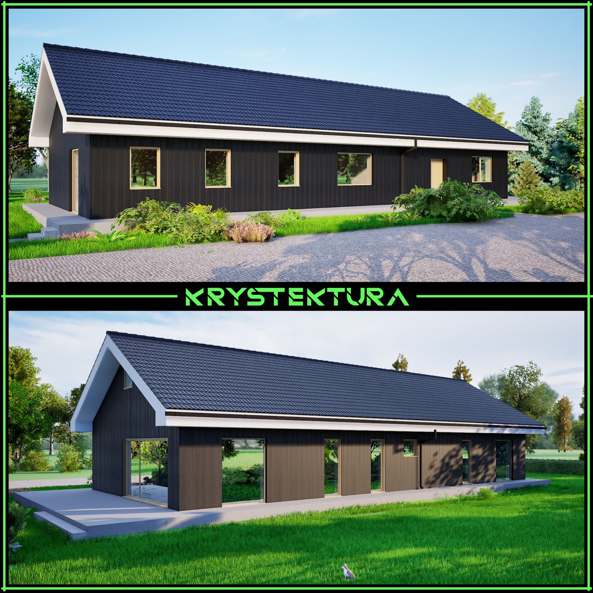 Wizualizacja domu w stylu stodoły z ciemną elewacją i białymi detalami, otoczonego zielenią. Ujęcie z dwóch perspektyw z widocznym logo 'KRYSTEKTURA'.