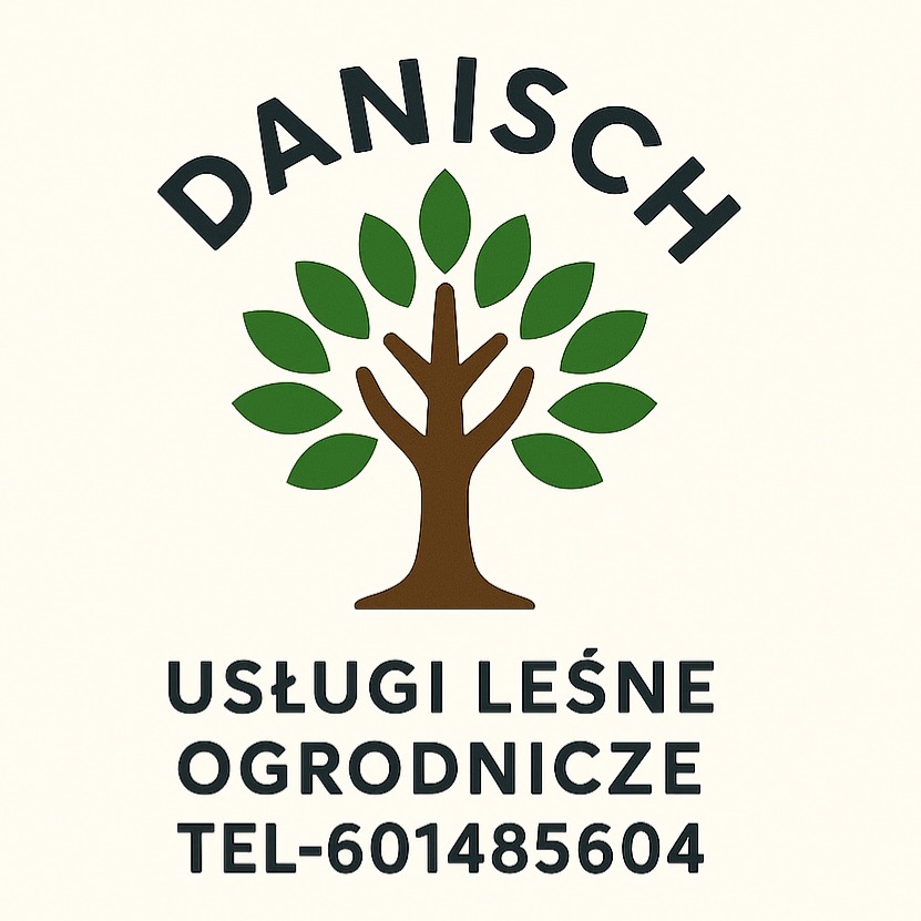 Logo firmy Danisch z Chróściny. Stylizowany rysunek drzewa z zielonymi liśćmi. Pod spodem napis 'Usługi Leśne Ogrodnicze' i numer telefonu.