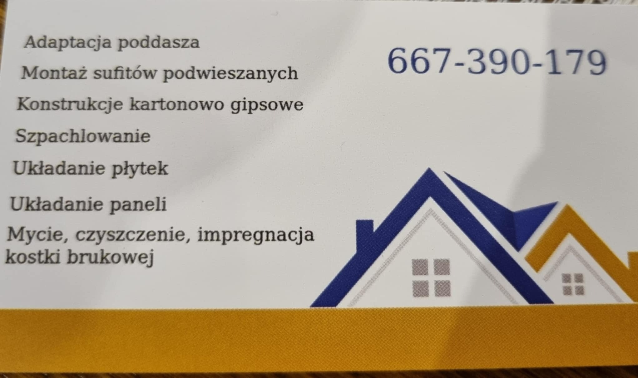 Wizytówka firmy remontowej z ofertą: adaptacja poddasza, montaż sufitów, konstrukcje g-k, szpachlowanie, układanie płytek/paneli, mycie kostki. Numer telefonu: 667-390-179.
