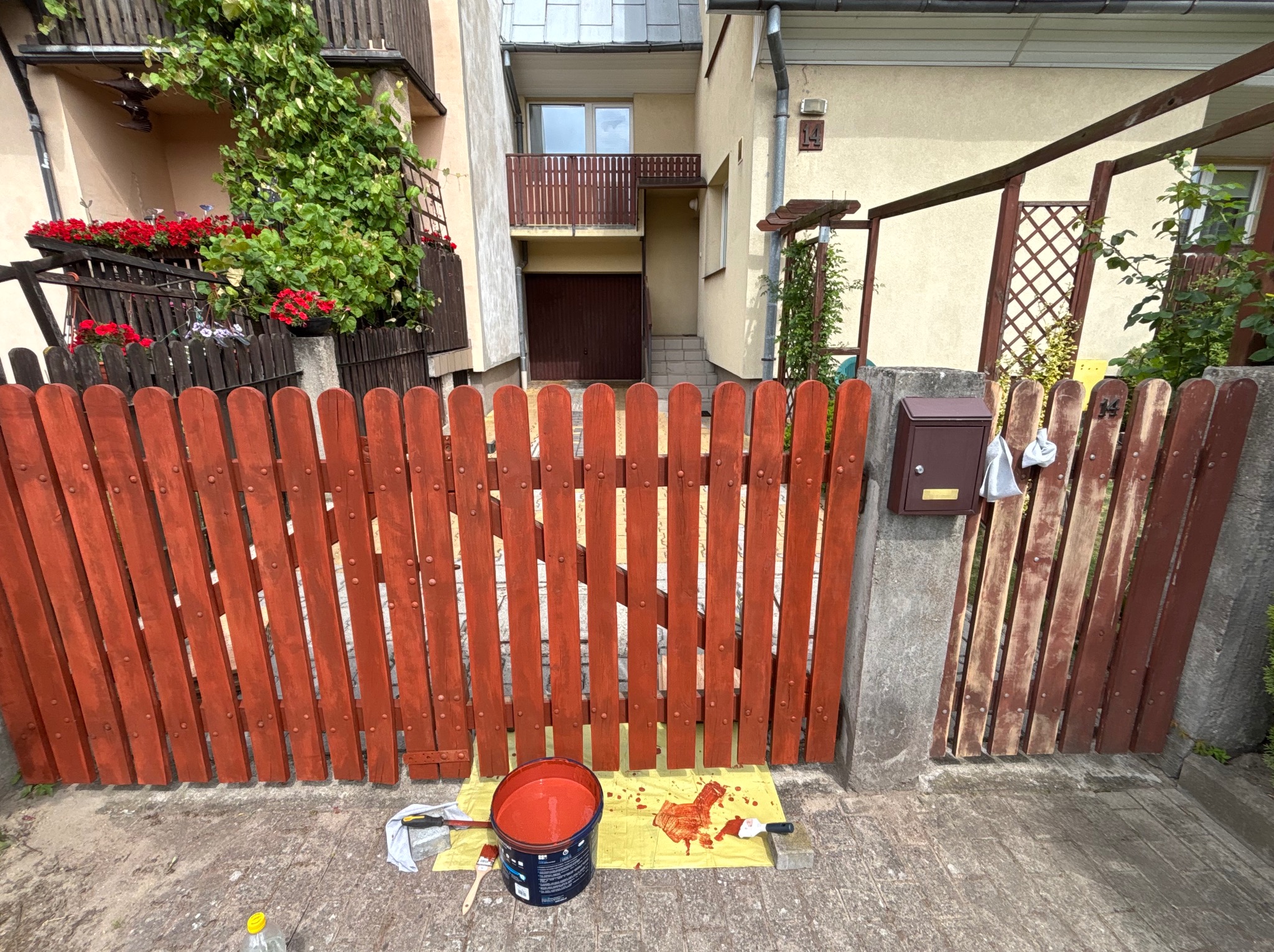 Malowanie drewnianego płotu na posesji. Widoczny pędzel, wiadro z farbą i częściowo pomalowany płot w kolorze czerwono-brązowym. W tle budynek mieszkalny.