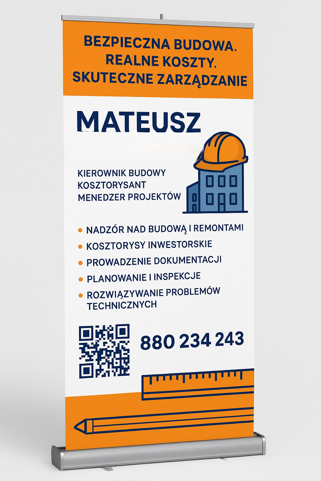 Roll-up reklamowy z imieniem Mateusz, oferujący usługi kierownika budowy, kosztorysanta i menedżera projektów. Zawiera QR kod i numer telefonu.