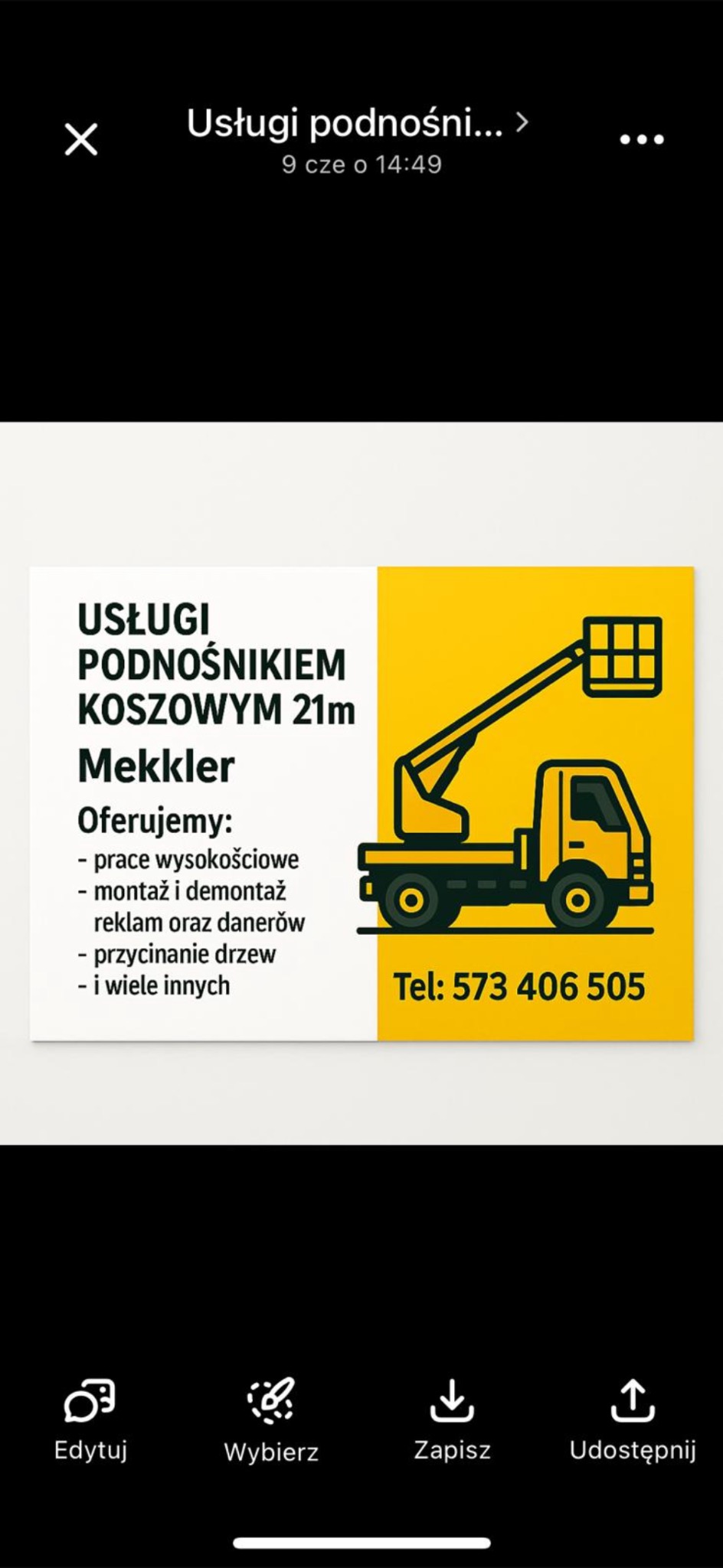 Grafika reklamowa: żółto-biały podnośnik koszowy 21m Mekkler. Oferta obejmuje prace wysokościowe, montaż reklam i przycinanie drzew. Kontakt: 573 406 505.
