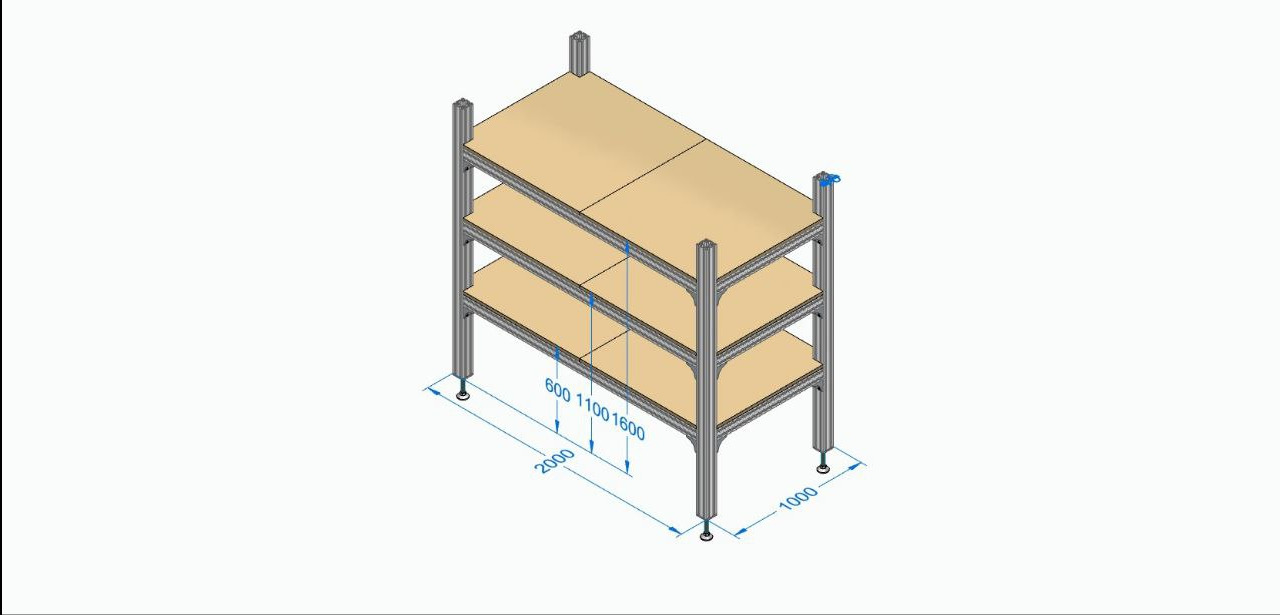 Rzut izometryczny regału magazynowego z metalową ramą i trzema półkami z płyty wiórowej, z naniesionymi wymiarami w milimetrach.