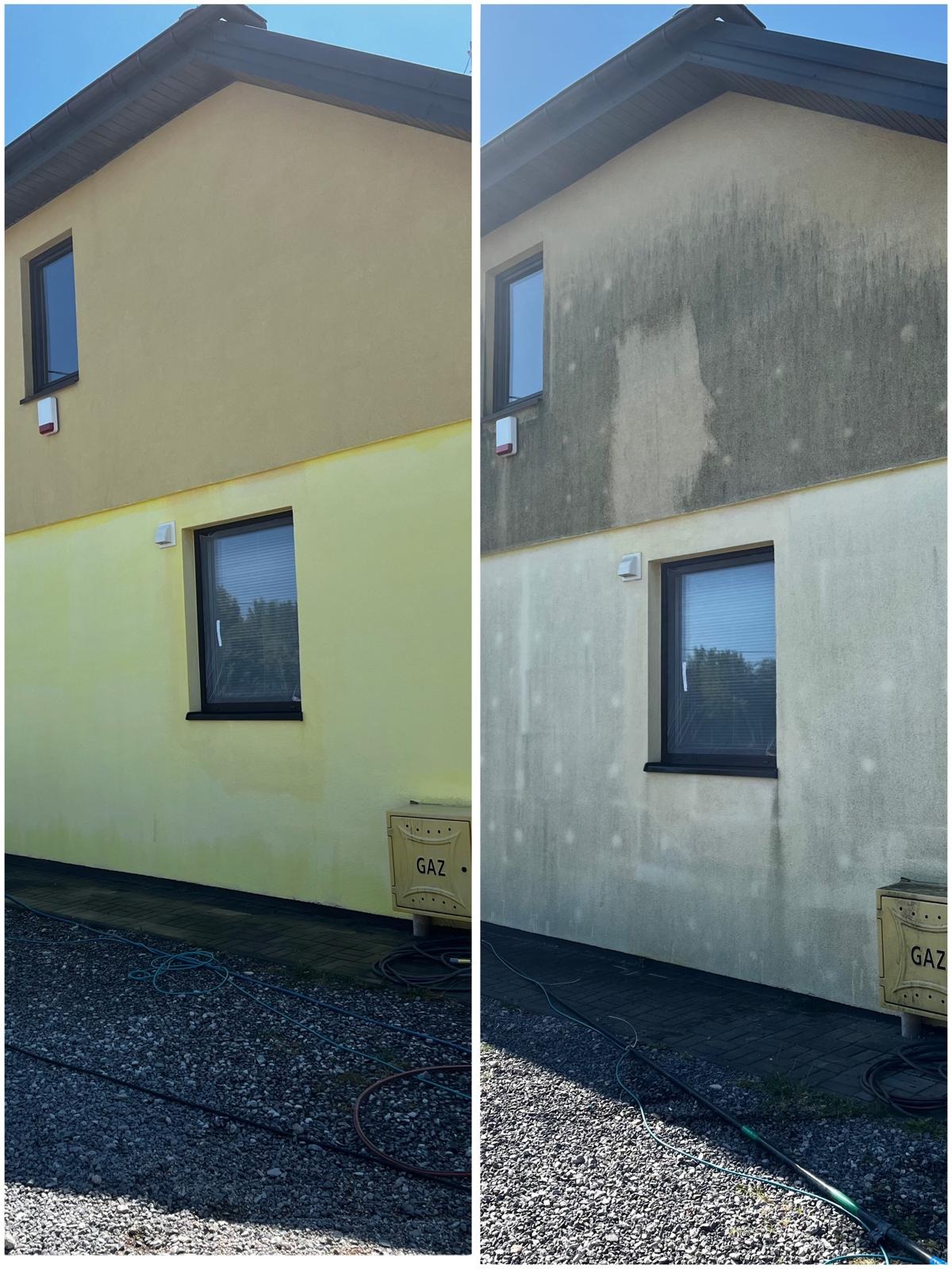Porównanie elewacji budynku przed i po czyszczeniu. Po lewej stronie widoczny budynek z zabrudzeniami, po prawej – ten sam budynek po umyciu, z odzyskanym kolorem.