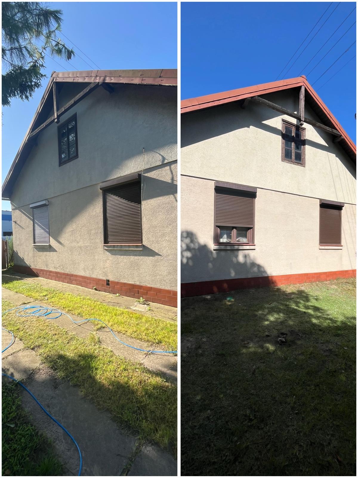 Dom przed i po czyszczeniu elewacji. Po lewej stronie widoczny brudny budynek, po prawej czysty z nowym kolorem dachu i elewacji. Widoczne okna i zieleń.