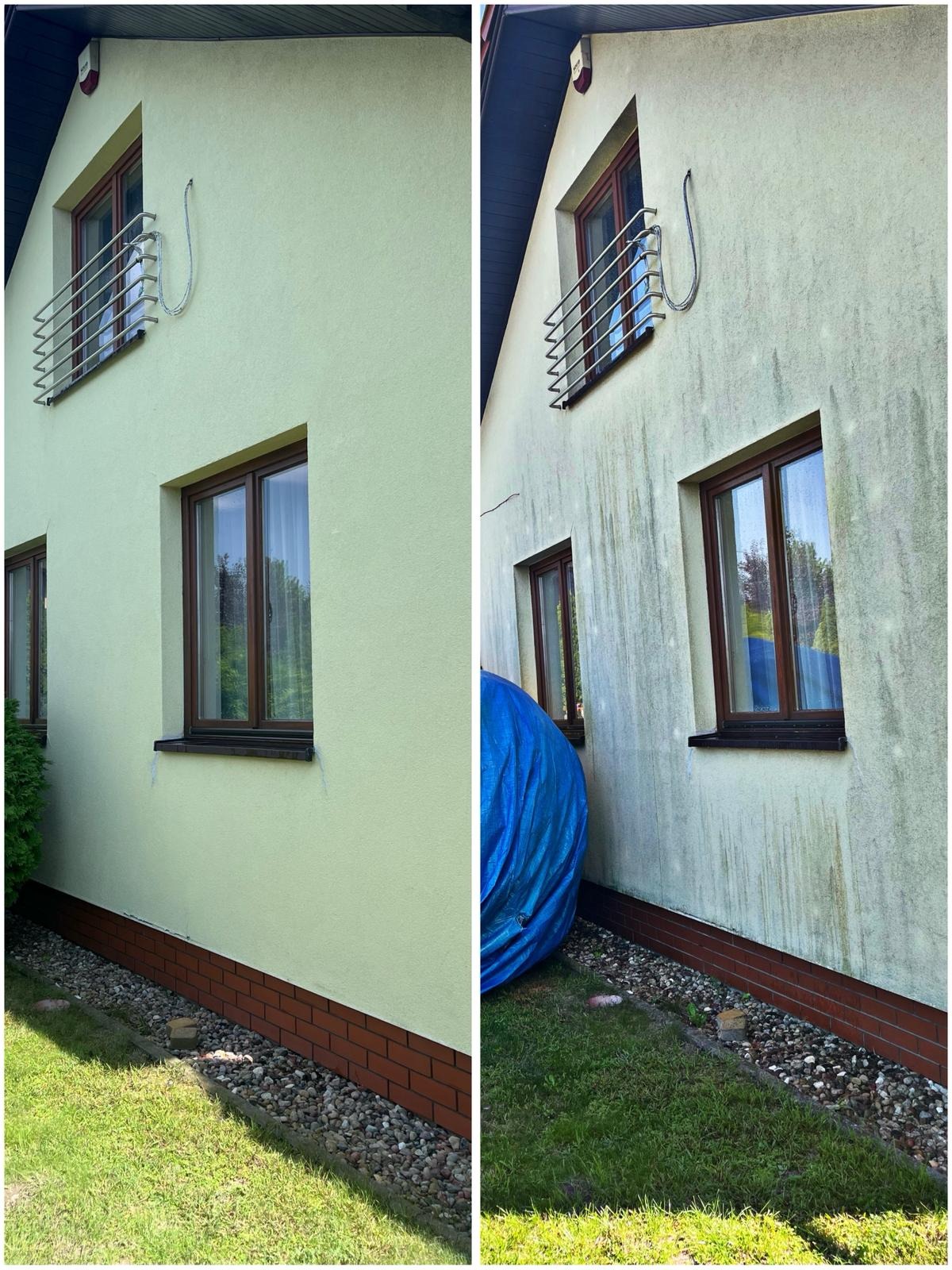 Efekt mycia elewacji domu: po lewej czysta, jasna elewacja, po prawej zabrudzona, ciemniejsza. Widoczne okna, fragment dachu i trawnik.