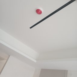 Arkadiusz Szwarc - Biały sufit z czarną listwą oświetleniową i czujnikiem dymu z czerwoną obwódką. Fragment ściany w tle, wnętrze po remoncie.