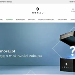 Strona e-commerce Moraj z ofertą Mystery Box. Grafika pudełka z pytajnikiem. Minimalna kwota zamówienia 500 zł, darmowa dostawa od 800 zł. Kontakt: hurt@moraj.pl.