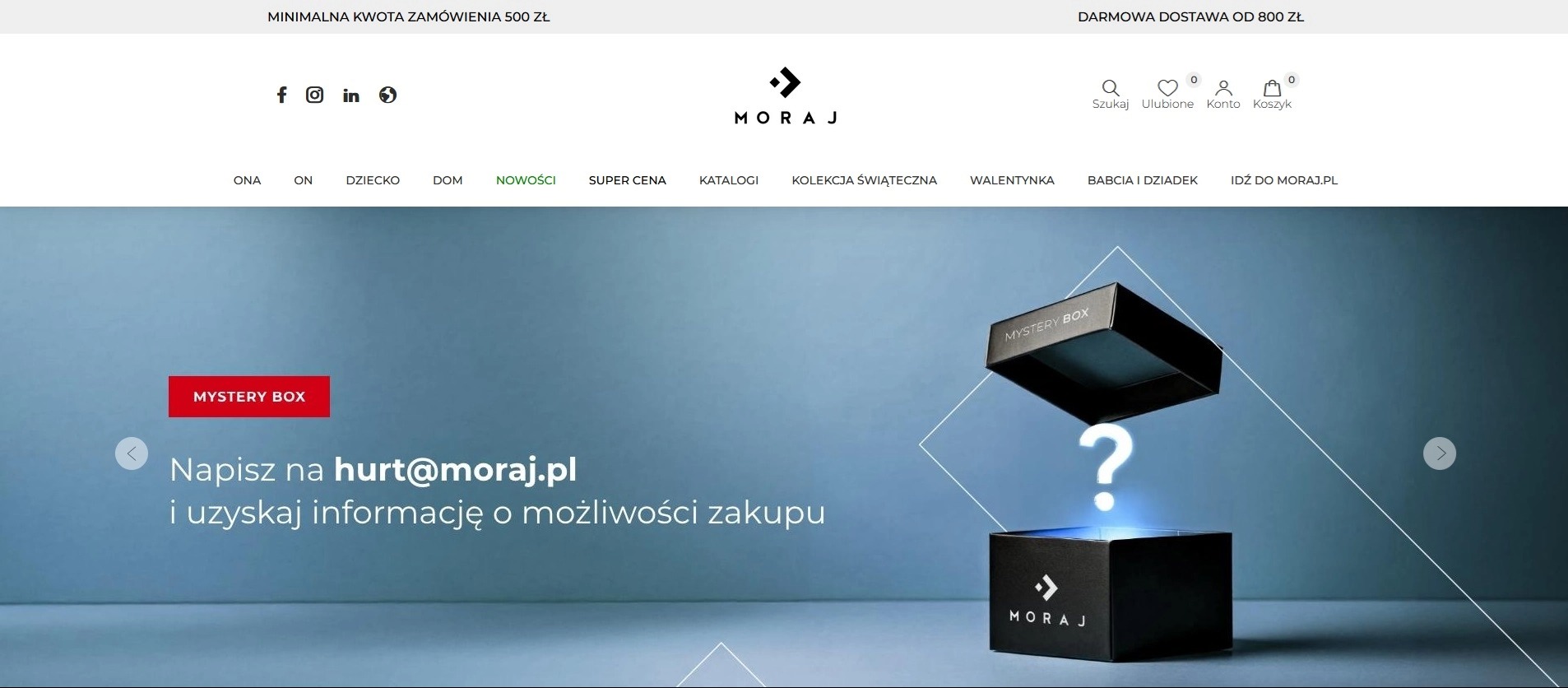 Strona e-commerce Moraj z ofertą Mystery Box. Grafika pudełka z pytajnikiem. Minimalna kwota zamówienia 500 zł, darmowa dostawa od 800 zł. Kontakt: hurt@moraj.pl.