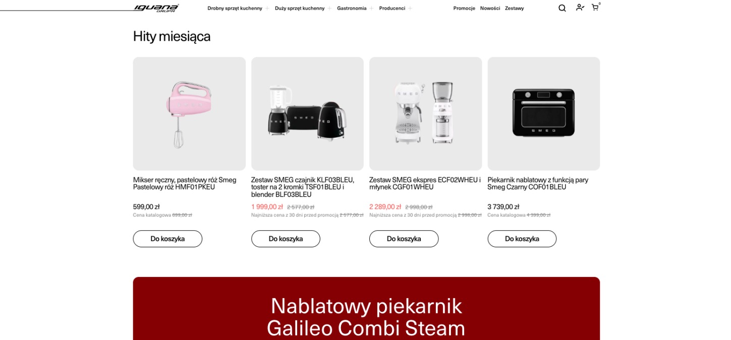 Sklep Iguanasklep.pl prezentuje ofertę AGD Smeg: mikser, zestaw czajnik z tosterem i blenderem, ekspres z młynkiem oraz piekarnik nablatowy. Hity miesiąca.