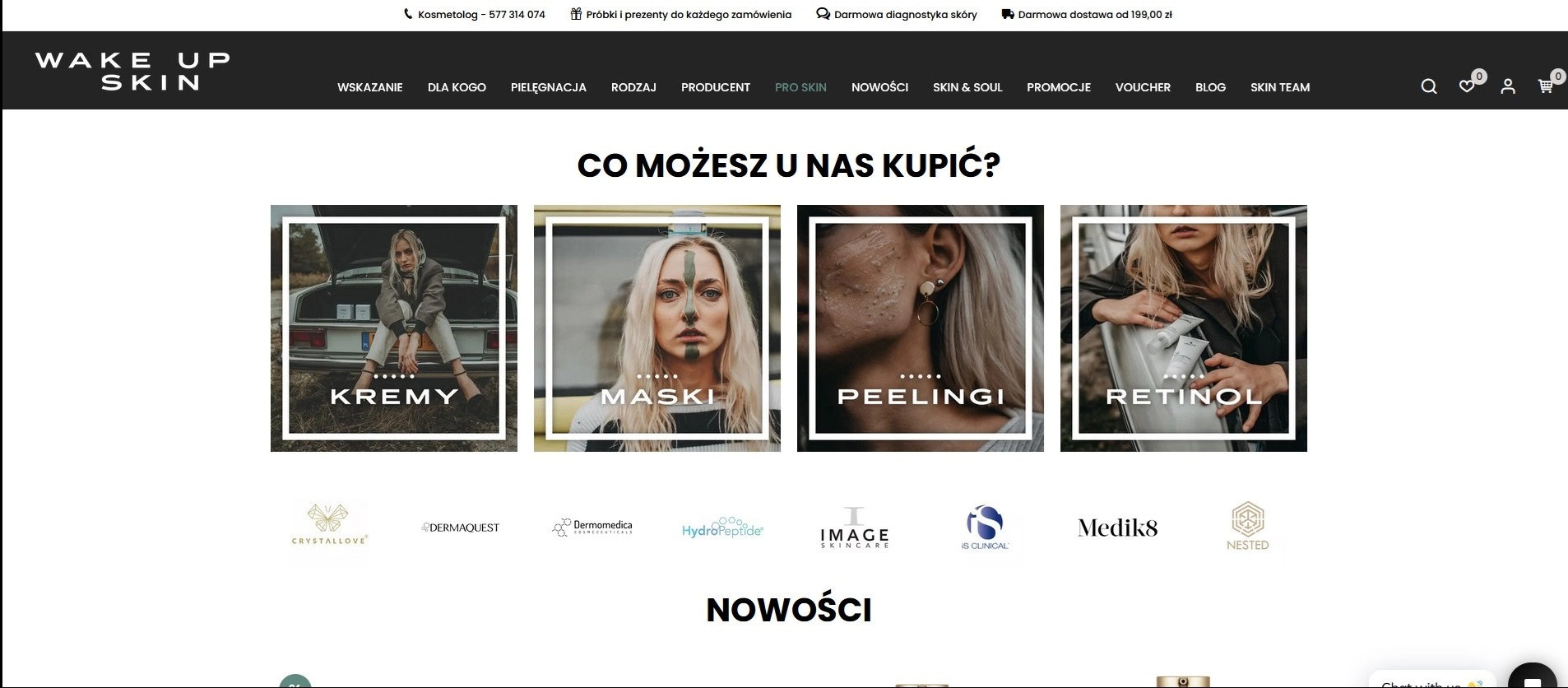 Strona główna sklepu internetowego Wake Up Skin z kosmetykami. Widoczne kategorie produktów: kremy, maski, peelingi, retinol i logo marek kosmetycznych.