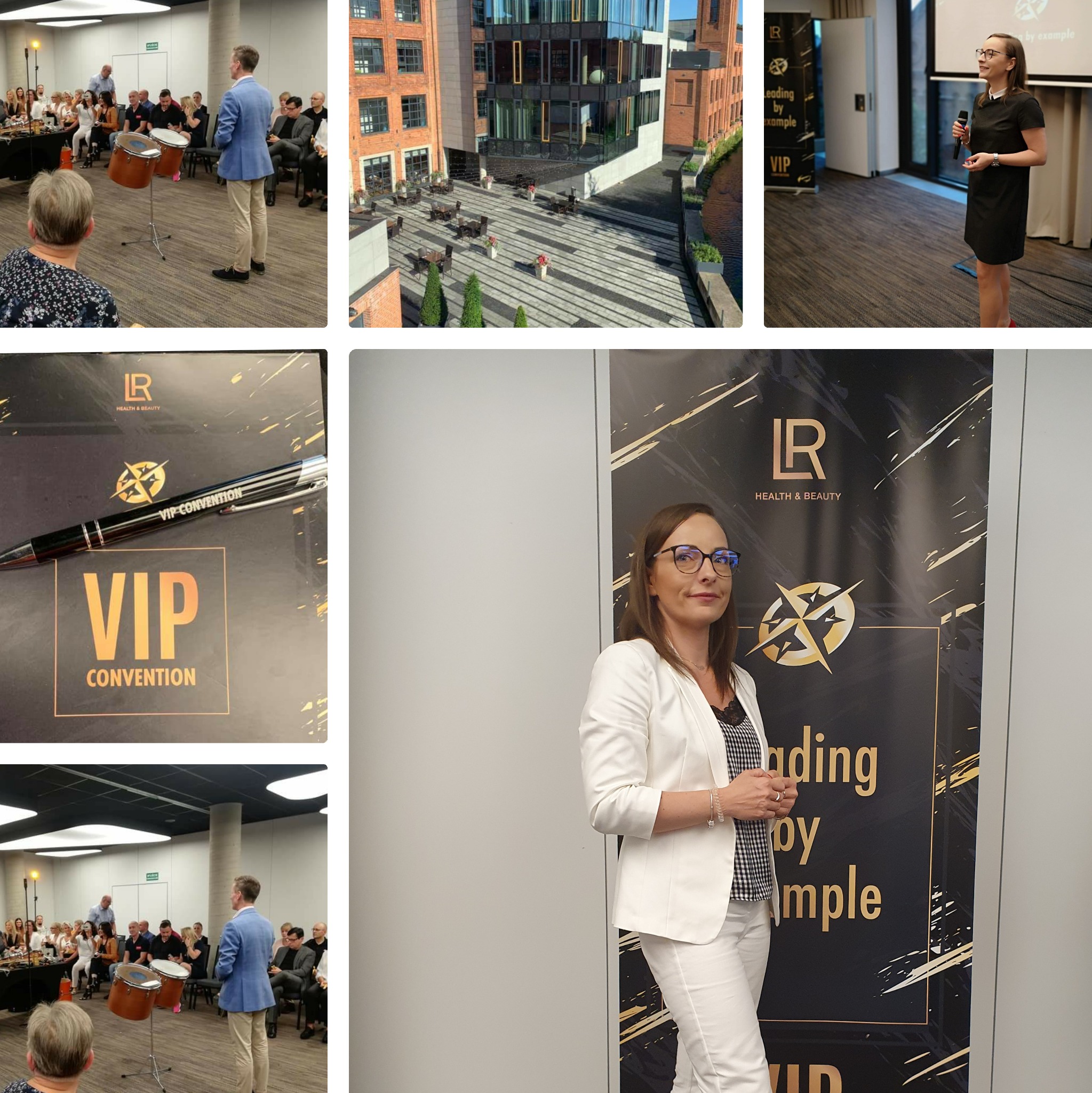 Konferencja LR Health & Beauty: prelegenci, uczestnicy, logo VIP Convention. Widok na dziedziniec z kawiarnią. Promocja produktów i szkoleń biznesowych.
