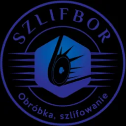 Logo firmy SZLIFBOR z kołem szlifierskim w niebieskim heksagonie na czarnym tle. Napis: Obróbka, szlifowanie. Okrągły, nowoczesny design.