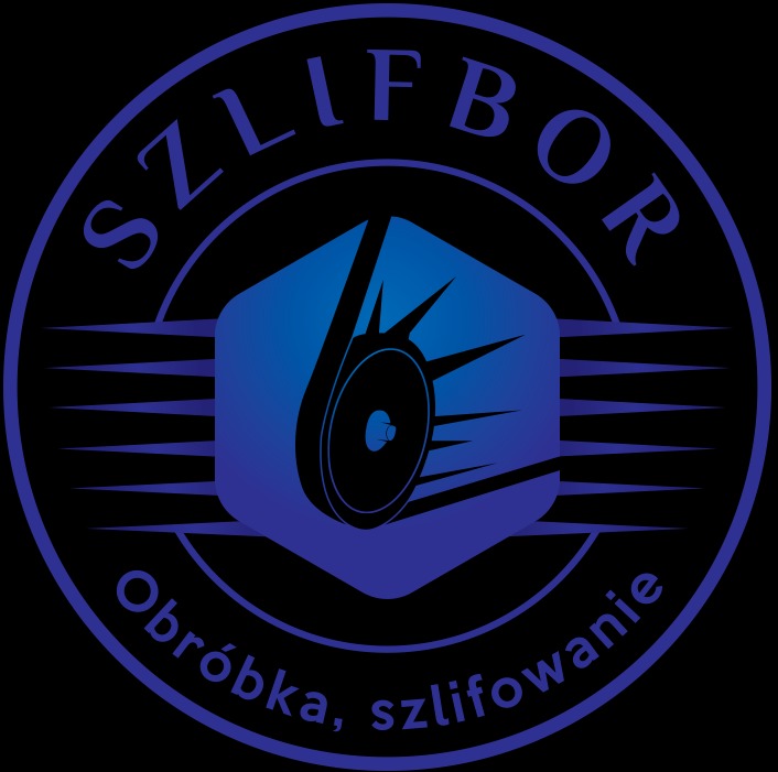 Logo firmy SZLIFBOR z kołem szlifierskim w niebieskim heksagonie na czarnym tle. Napis: Obróbka, szlifowanie. Okrągły, nowoczesny design.