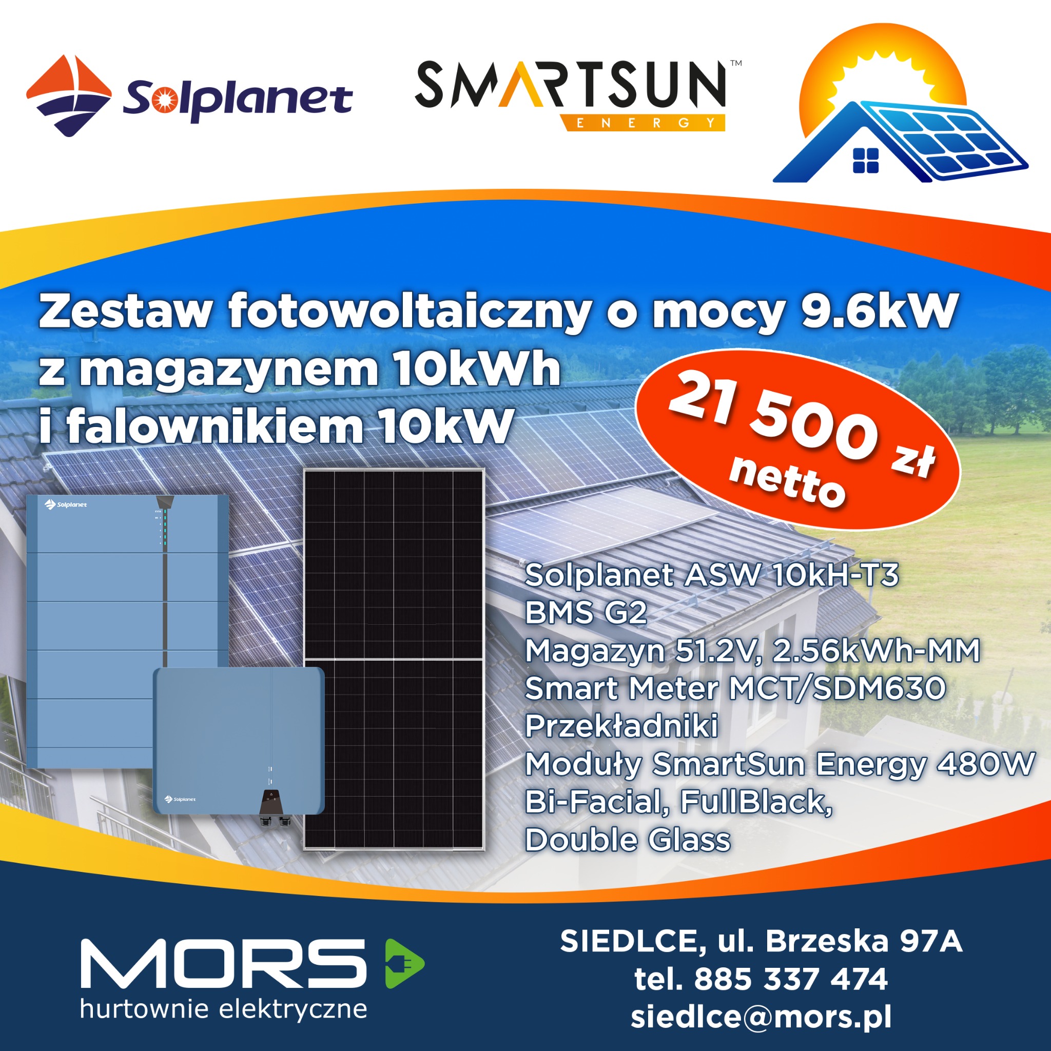 Zestaw fotowoltaiczny 9.6kW z magazynem 10kWh i falownikiem 10kW. Panele SmartSun Energy 480W Bi-Facial, FullBlack, Double Glass. Cena 21 500 zł netto.