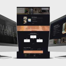 Ad Vision - Dwa monitory prezentują stronę internetową firmy meblowej 'LEMAN MEBLE'.  Strona w ciemnej tonacji z akcentami brązu. Widoczne zdjęcia mebli i informacje o firmie.