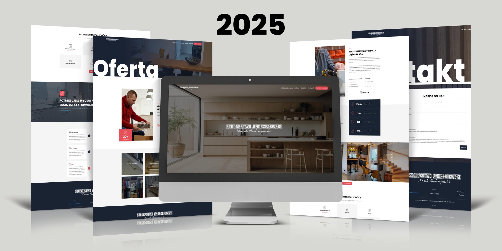 Prezentacja strony internetowej stolarstwa na monitorze, otoczona wydrukami poszczególnych podstron. Nowoczesny design, stonowana kolorystyka, meble na wymiar.