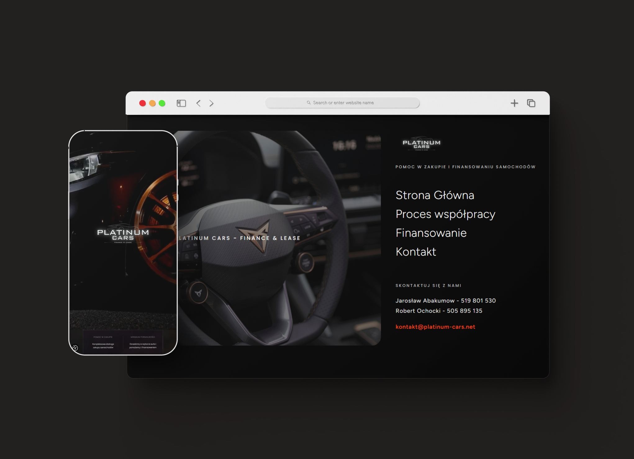 Prezentacja strony www 'Platinum Cars' na ekranie komputera i smartfona. Widok na stronę główną z ofertą finansowania samochodów i danymi kontaktowymi.