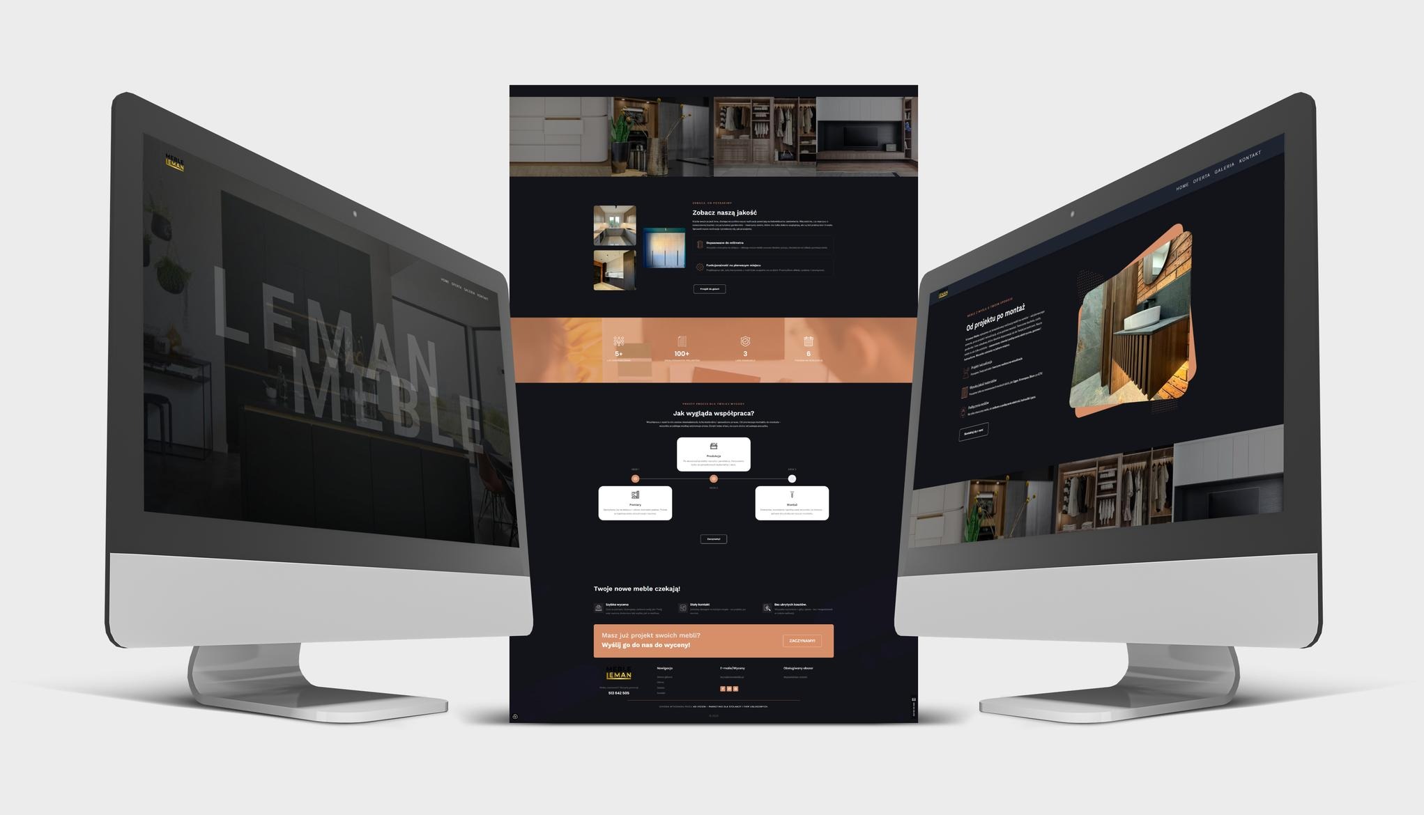 Dwa monitory prezentują stronę internetową firmy meblowej 'LEMAN MEBLE'.  Strona w ciemnej tonacji z akcentami brązu. Widoczne zdjęcia mebli i informacje o firmie.