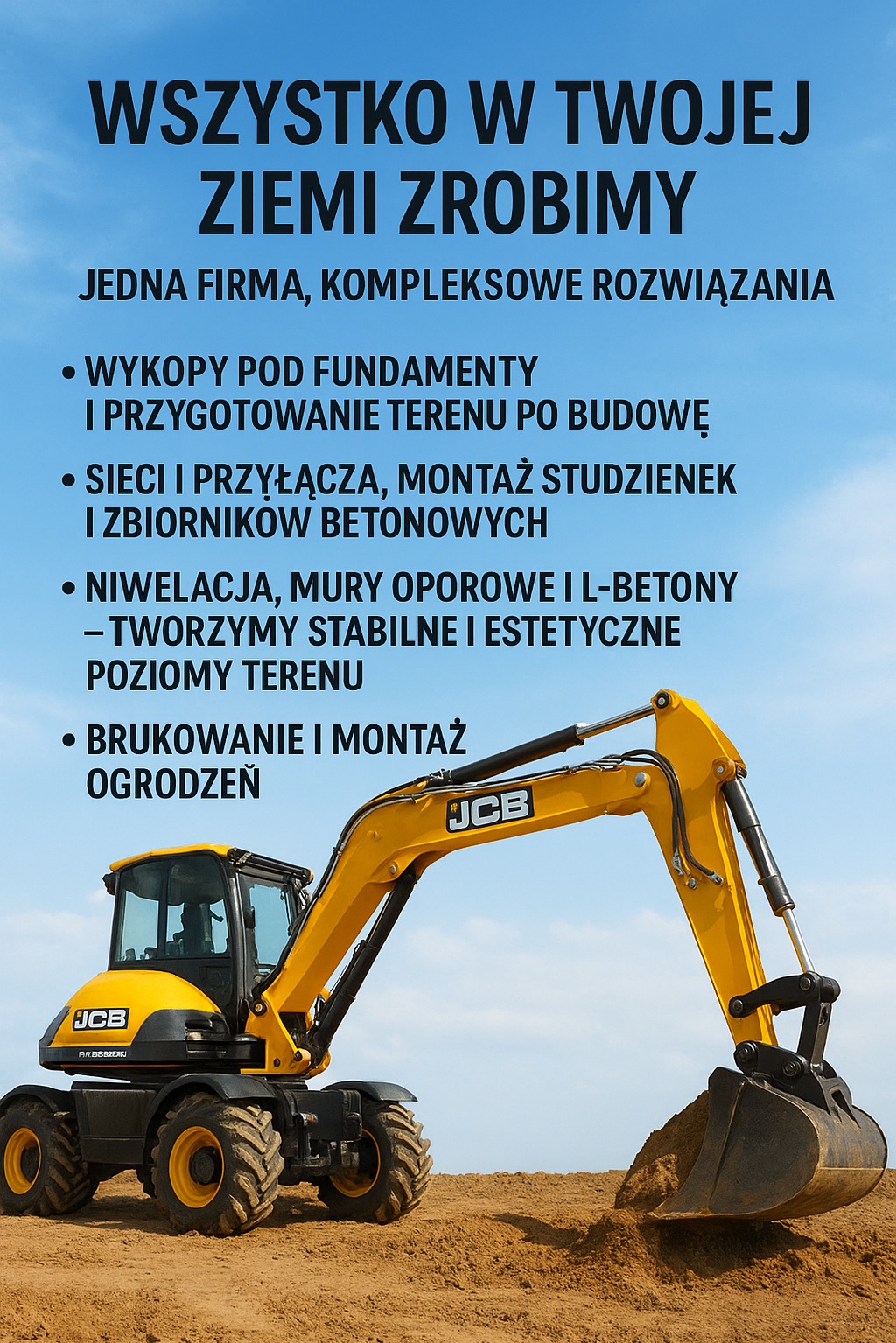Żółta koparko-ładowarka JCB na tle błękitnego nieba i ziemi. Na górze slogany reklamowe o wykopach, niwelacji, brukowaniu i montażu ogrodzeń. Kompleksowe rozwiązania.