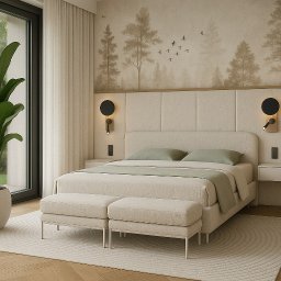 JG Concept - Beżowa sypialnia z tapetą w leśny motyw, łóżkiem z wezgłowiem i dwoma pufami. Okno z widokiem na zieleń, lampki nocne i dywan z okrągłym wzorem.