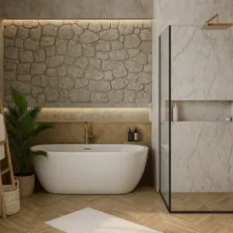 Stylowa łazienka z wanną wolnostojącą, kabiną prysznicową typu walk-in i ścianą z kamienia. Drewniana podłoga w jodełkę. Złota armatura i akcenty roślinne.