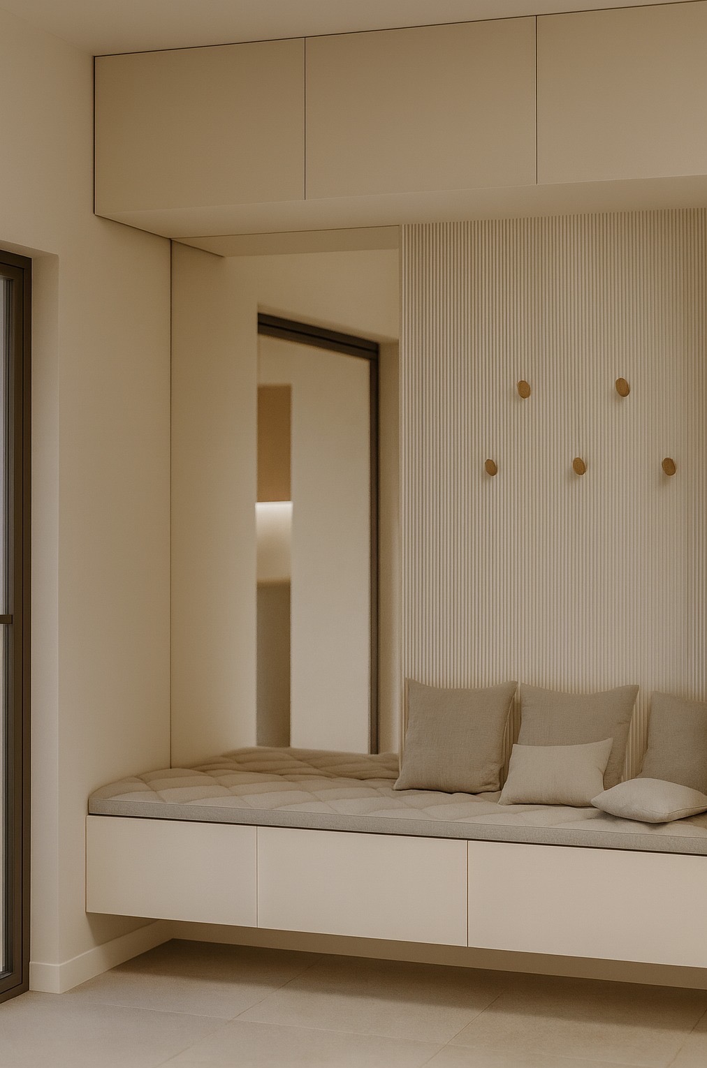 Minimalistyczna zabudowa wnęki z siedziskiem i szafkami w odcieniach beżu. Na ścianie dekoracyjne lamele i wieszaki. Widok na wnętrze przez otwór w ścianie.