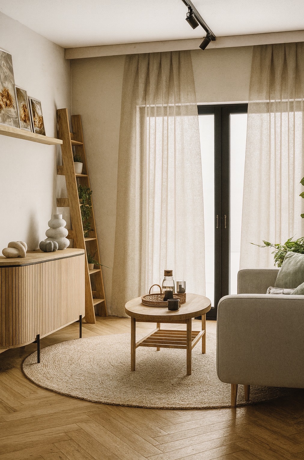 Jasne wnętrze w Radomiu: drewniana komoda z dekoracjami, drabina z roślinami, okrągły stolik kawowy i sofa na okrągłym dywanie. Naturalne światło przez firanki.