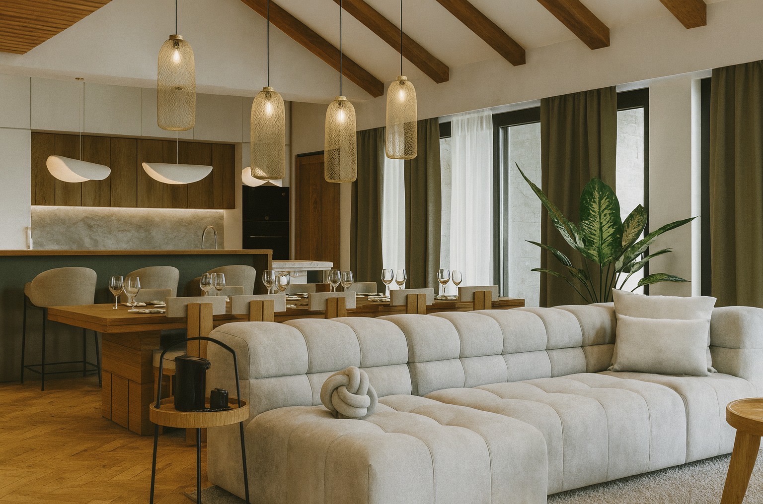 Jasne, przestronne wnętrze: beżowa sofa modułowa, stół z nakryciem, nowoczesne lampy wiszące, drewniane belki stropowe i zielona roślina doniczkowa przy oknie.