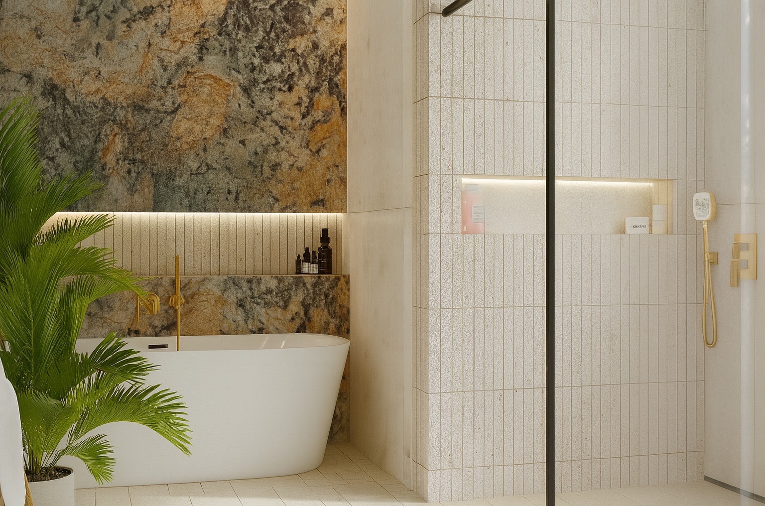 Nowoczesna łazienka z wanną wolnostojącą, kamienną ścianą i rośliną doniczkową. Minimalistyczny design z akcentami złota i oświetleniem LED w niszach.