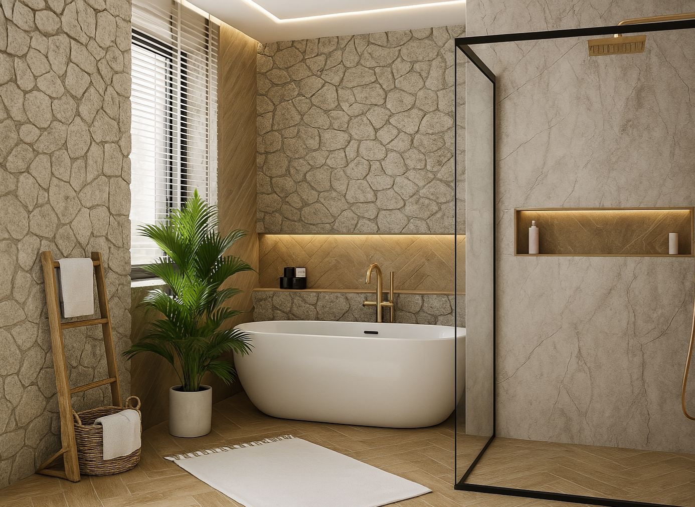 Stylowa łazienka z kamienną ścianą, wolnostojącą wanną i szklaną kabiną prysznicową. Roślina doniczkowa i drewniana drabinka z ręcznikiem dodają przytulności.