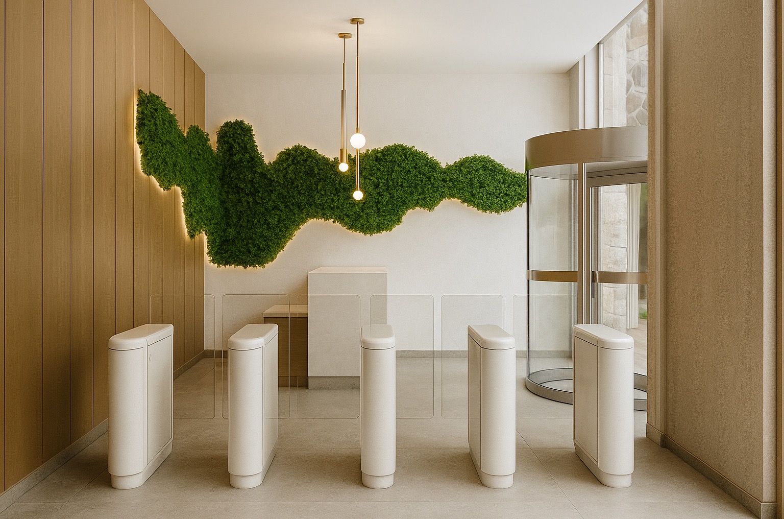 Nowoczesne wejście do budynku z zieloną ścianą z mchu, oświetleniem punktowym i automatycznymi bramkami. Jasne kolory, minimalistyczny design.