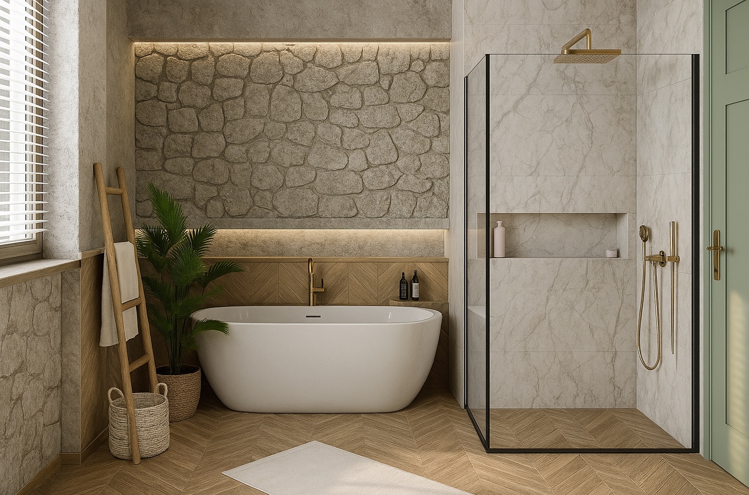 Stylowa łazienka z wanną wolnostojącą, kabiną prysznicową typu walk-in i ścianą z kamienia. Drewniana podłoga w jodełkę. Złota armatura i akcenty roślinne.