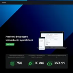 Strona internetowa Syglo na laptopie i smartfonie. Platforma bezpiecznej komunikacji z sygnalistami z danymi o klientach i czasie wdrożenia. Minimalistyczny design w odcieniach granatu.