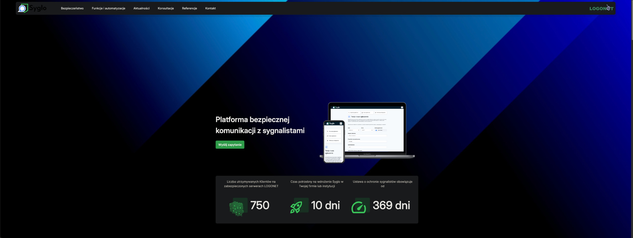 Strona internetowa Syglo na laptopie i smartfonie. Platforma bezpiecznej komunikacji z sygnalistami z danymi o klientach i czasie wdrożenia. Minimalistyczny design w odcieniach granatu.