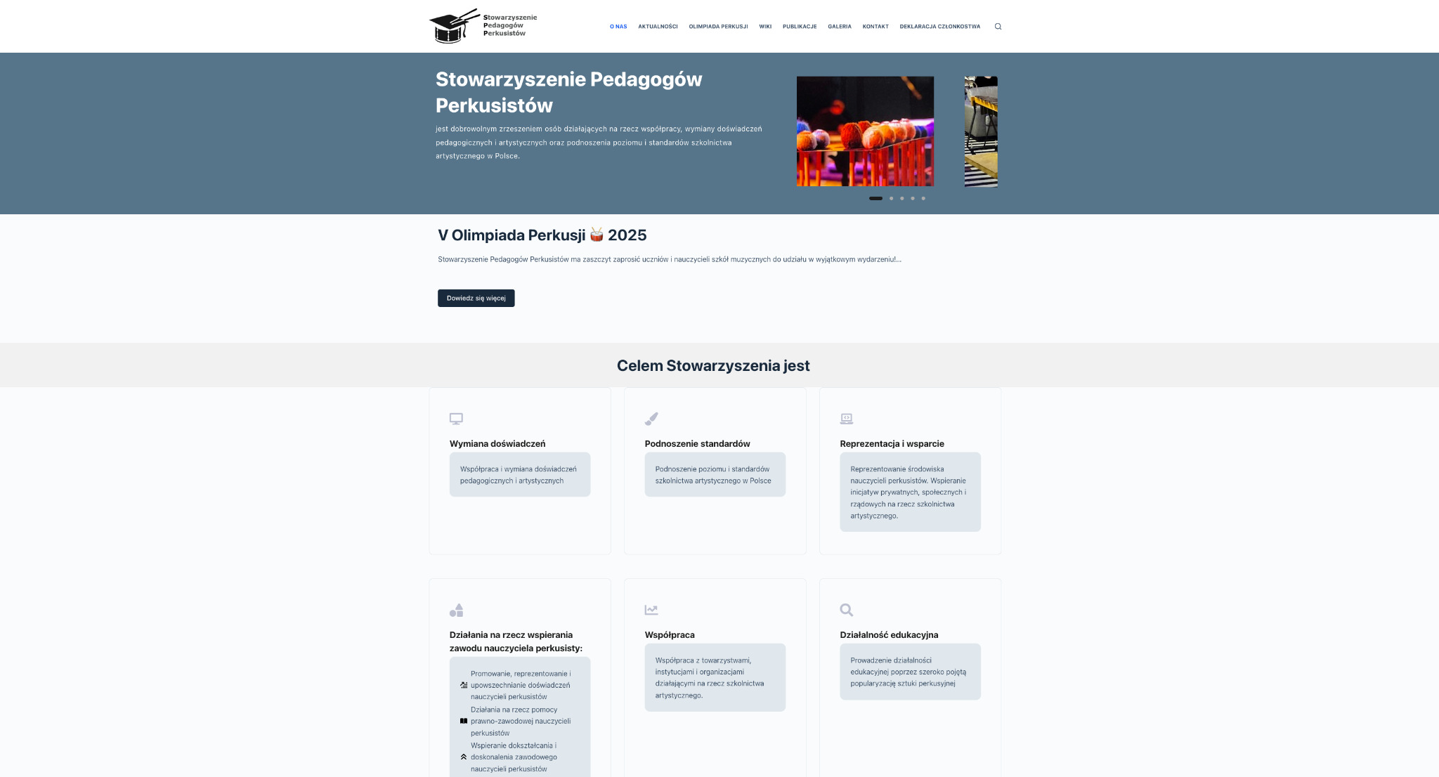Strona internetowa Stowarzyszenia Pedagogów Perkusistów: nagłówek, menu, slider ze zdjęciami, sekcja z celami i ikonami. Czytelny układ, stonowana kolorystyka.