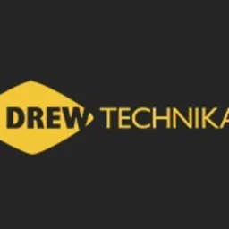 Logo firmy Drew Technika: żółty romb z napisem 'DREW' i 'TECHNIKA' po prawej stronie, na ciemnoszarym tle. Minimalistyczny, nowoczesny design.