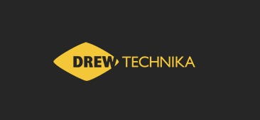 Logo firmy Drew Technika: żółty romb z napisem 'DREW' i 'TECHNIKA' po prawej stronie, na ciemnoszarym tle. Minimalistyczny, nowoczesny design.
