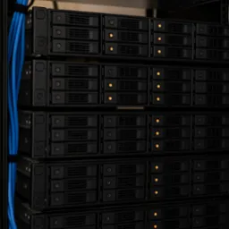 Serwerownia z rzędem czarnych dysków twardych z pomarańczowymi diodami LED, podłączonych niebieskimi kablami. Widoczny przełącznik sieciowy na górze.