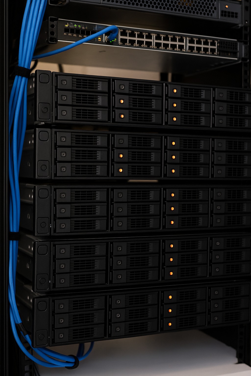 Serwerownia z rzędem czarnych dysków twardych z pomarańczowymi diodami LED, podłączonych niebieskimi kablami. Widoczny przełącznik sieciowy na górze.