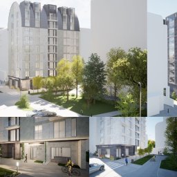 My Sketch studio projektowe - Wizualizacja budynku mieszkalno-usługowego z elewacją w odcieniach szarości, zlokalizowanego przy ulicy Spizowej 15a, otoczonego zielenią i elementami małej architektury.