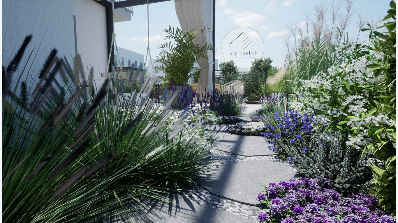 Wizualizacja ogrodu z kwitnącymi roślinami, ścieżką z kamieni i huśtawką. Widoczne logo studia projektowego. Dominują fioletowe i białe kwiaty.