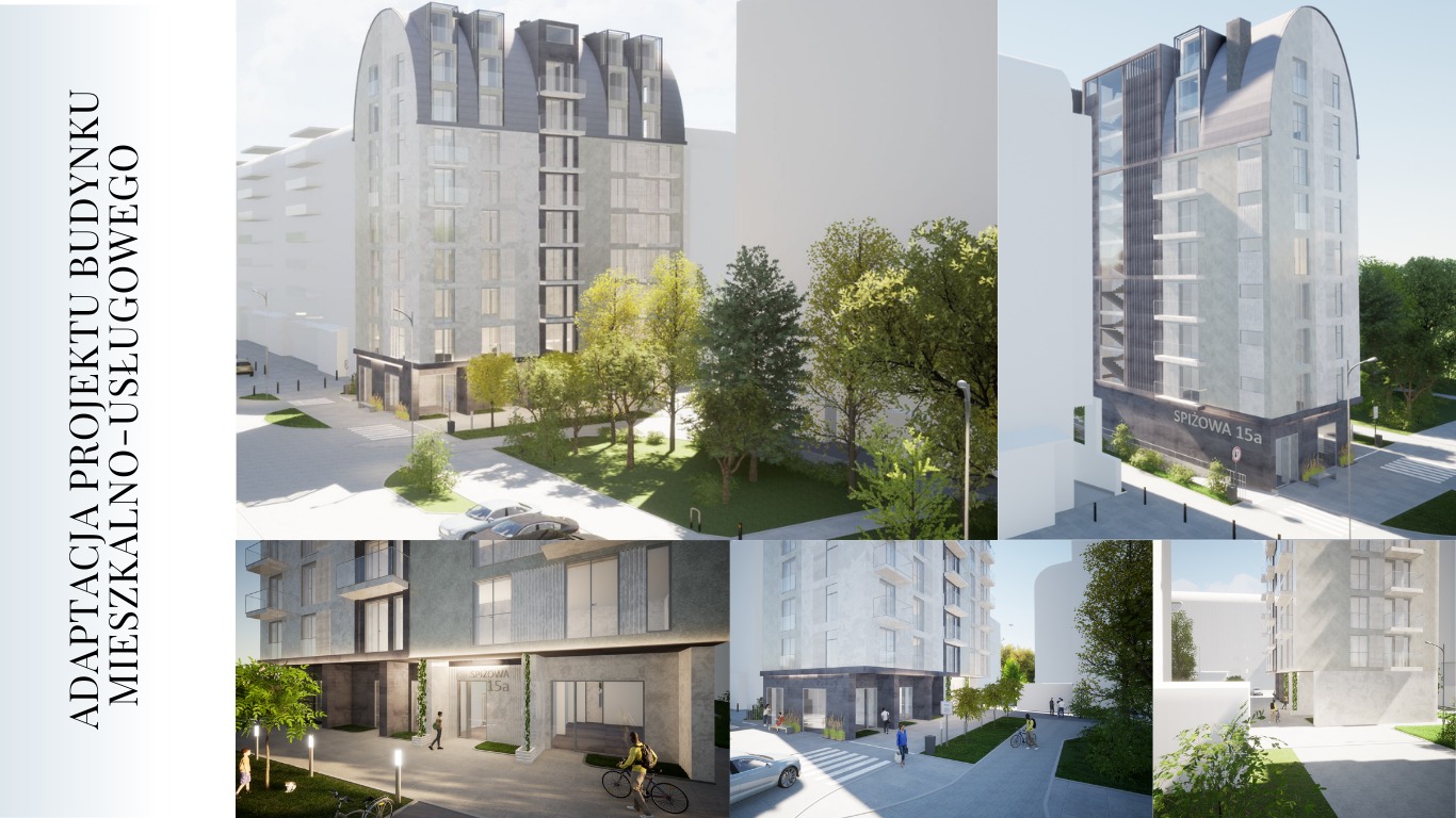 Wizualizacja budynku mieszkalno-usługowego z elewacją w odcieniach szarości, zlokalizowanego przy ulicy Spizowej 15a, otoczonego zielenią i elementami małej architektury.