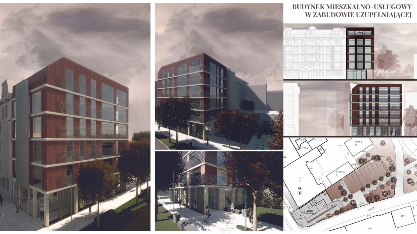 Wizualizacja budynku mieszkalno-usługowego z ceglaną elewacją, wkomponowanego w istniejącą zabudowę, z planem zagospodarowania terenu w prawym dolnym rogu.