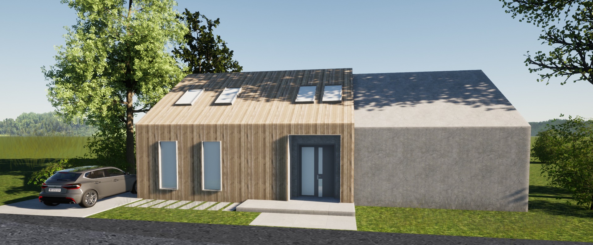 Wizualizacja nowoczesnego domu z drewnianą elewacją i betonową bryłą, z oknami dachowymi i szarym samochodem na podjeździe. Otoczenie: trawnik i drzewa.