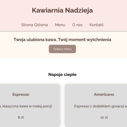 Strona dla kawiarni z prezentacją menu i informacjami o lokalu. Zawiera sekcje: strona główna, menu, o nas i kontakt. Zaprojektowana w ciepłych kolorach, przyjazna dla klientów i w pełni mobilna.