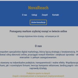 Nowoczesna strona wizytówka dla agencji marketingowej. Zawiera opis usług, sekcję o zespole oraz formularz kontaktowy. Prosty układ i czytelna kolorystyka budują profesjonalny wizerunek firmy.