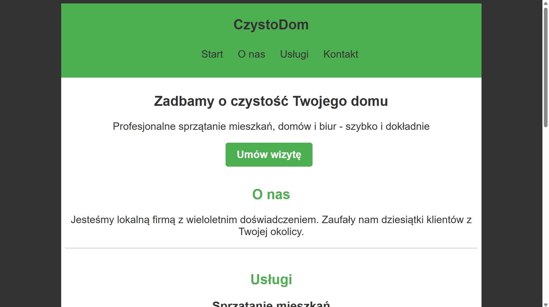 Zrzut ekranu strony internetowej firmy sprzątającej z sekcjami: oferta, o nas, kontakt i przyciskiem rezerwacji wizyty. Strona responsywna, widoczny nagłówek z logo.
