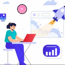 Ilustracja: kobieta pracuje na laptopie, obok rakieta startująca z okna przeglądarki i wykres słupkowy, symbolizujące rozwój i postęp. Zegar na ścianie.